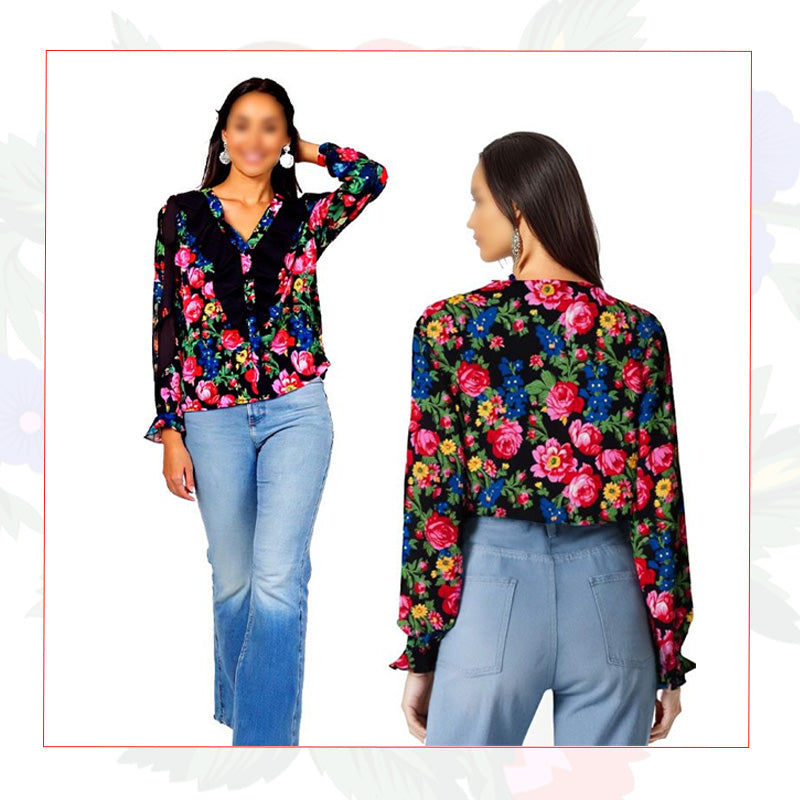 Soft floral V-neck with fringe & long sleeves