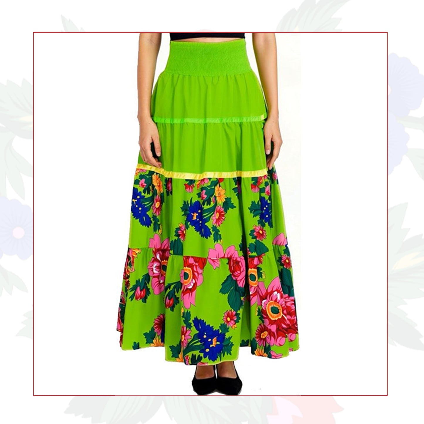 Floral Art High Waist Ribbon Skirt