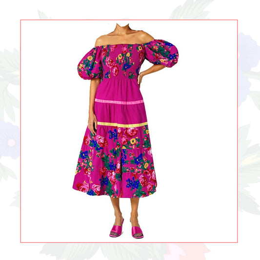 Floral Art Elegant Long Sleeve Dress With Ribbons